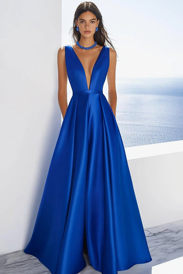 Robe formelle en satin bleu roi à col en V